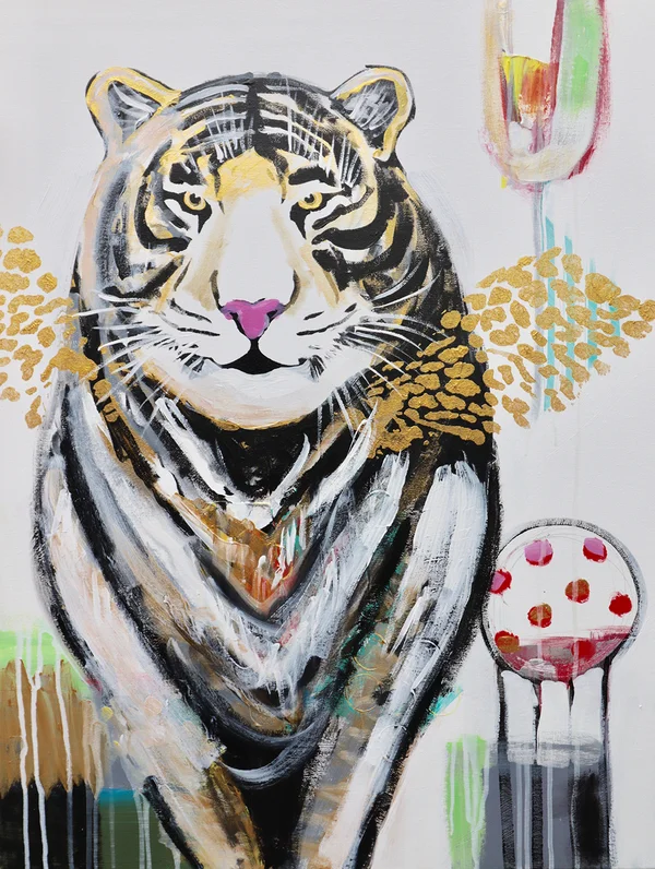 Kunst kaufen Tier Portrait Diana Achtzig: „Tiger mit Gold“, Acrylfarbe auf Leinwand, 80 x 60 cm, Berlin, 2019 – 2021, 550 €