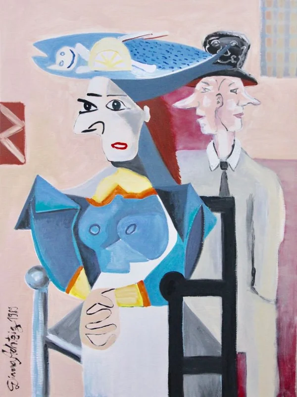 Diana Achtzig: Nach Pablo Picasso - Hinter den Masken, Ölfarbe auf Leinwand, 80 x 60 cm, Kinderzeichnung von 1989. Preise auf Anfrage.