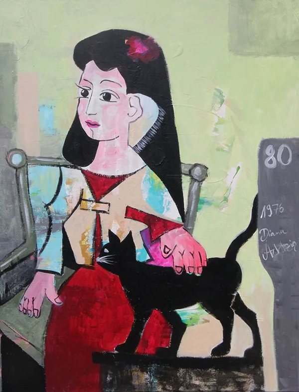 2. Diana Achtzig: „Mädchen in Rot mit Katze“, Acrylfarbe auf Leinwand, 120 x 100 cm, Jahr: 1976, Berlin. Preise auf Anfrage.