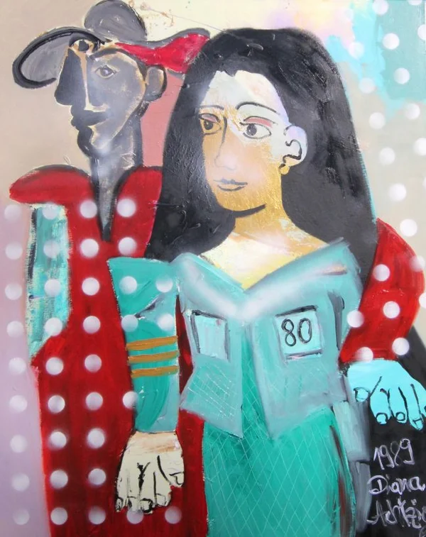 Diana Achtzig: Pablo Picasso steht im Hintergrund, Ölfarbe und Acryllack auf Leinwand, 100 x 80 cm, Kinderzeichnung von 1989. Preise auf Anfrage.