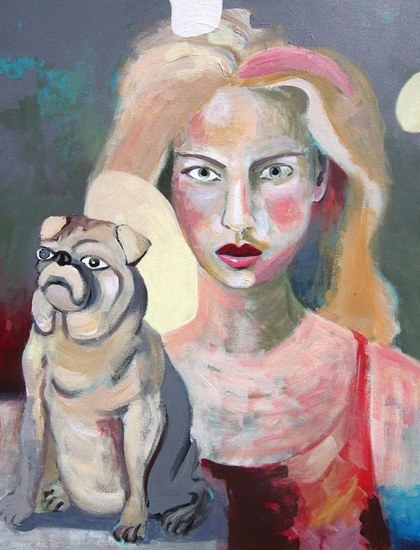 4. Diana Achtzig: „Mädchen mit Mops“, Acrylfarbe auf Leinwand, 80 x 60 cm, Jahr: 2019, Berlin. Preise auf Anfrage.