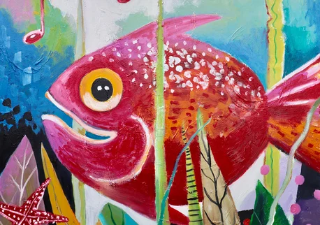 Kunst kaufen Tier Portrait Diana Achtzig: „Roter Musikfisch“, Ölbild auf Leinwand, 80 x 80 cm, Berlin, 2020 – 2021, 750 €