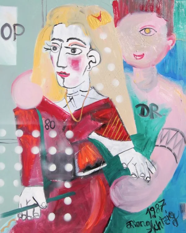 Diana Achtzig: Nach Pablo Picasso, Ärztepaar von Chirurgen vor dem OP, Ölfarbe und Acryllack auf Leinwand, 100 x 80 cm, Kinderzeichnung von 1987. Preise auf Anfrage.