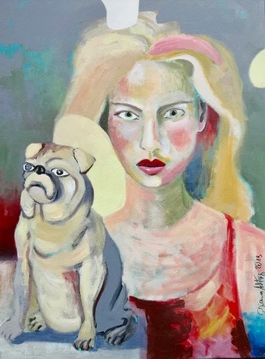 Kunst kaufen handgemaltes Ölbild Diana Achtzig: Diana Achtzig: „Mädchen mit Mops“, Acrylfarbe auf Leinwand, 80 x 60 cm, Berlin, 2019, 550 €