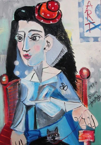 VERKAUFT | Diana Achtzig: Nach Pablo Picasso, Mädchen mit Katze, Ölfarbe und Acryllack auf Leinwand, 100 x 70 cm, Kinderzeichnung von 1986.