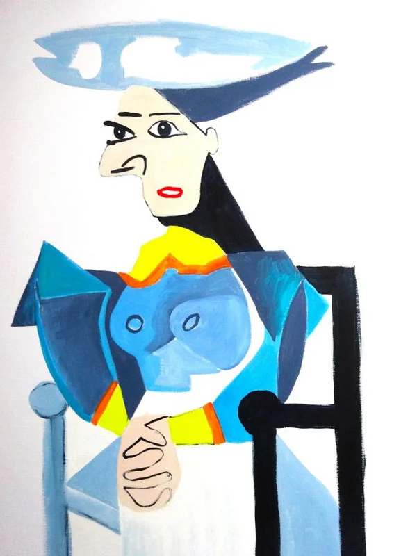 VERKAUFT: Diana Achtzig: Hommage an Pablo Picasso, Ölfarbe auf Leinwand, 80 x 60 cm, Kinderzeichnung von 1989.