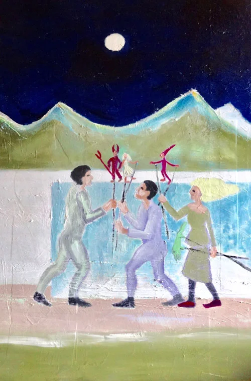 Diana Achtzig: Das politische Theaterspiel in der DDR, Ölfarbe auf Leinwand, 90 x 60 cm, Jahr: 1987, 1. Überarbeitung: 1992, 2. Überarbeitung: 2017, 1.200 €