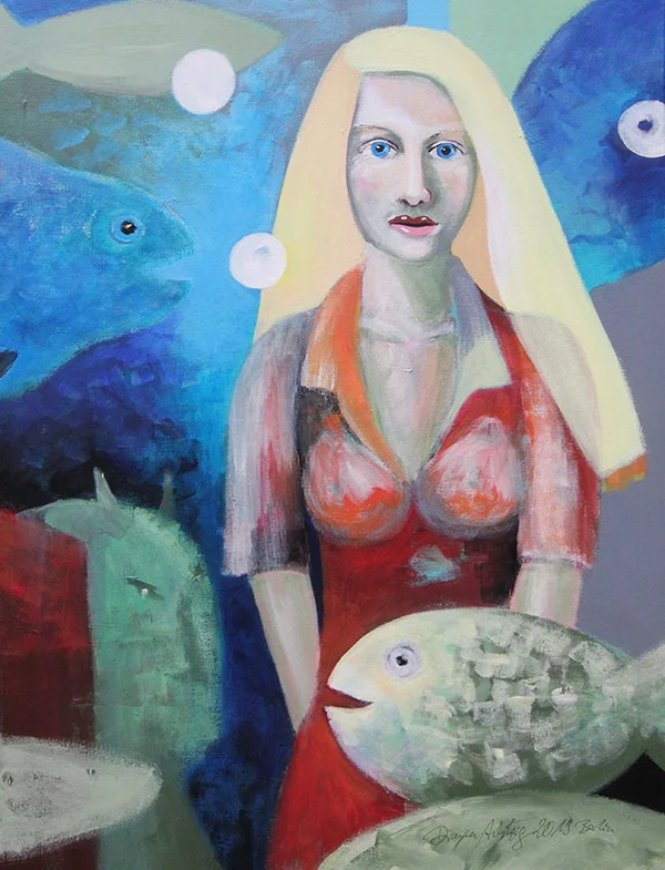 3. Diana Achtzig: „Mädchen mit Fischen“, Acrylfarbe auf Leinwand, 80 x 60 cm, Jahr: 2019, Berlin. Preise auf Anfrage.