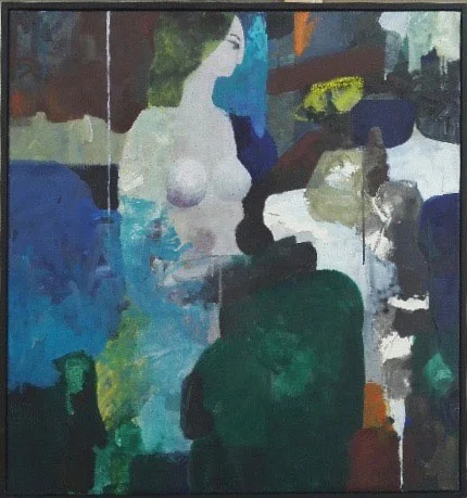 Alex Bär von der „Neuen Leipziger Schule“: „Model mit Katze II.“ (Blau), Mischtechnik auf Leinwand, 80 x 75 cm, 2019, mit Rahmen in Schwarz, Preise auf Anfrage.