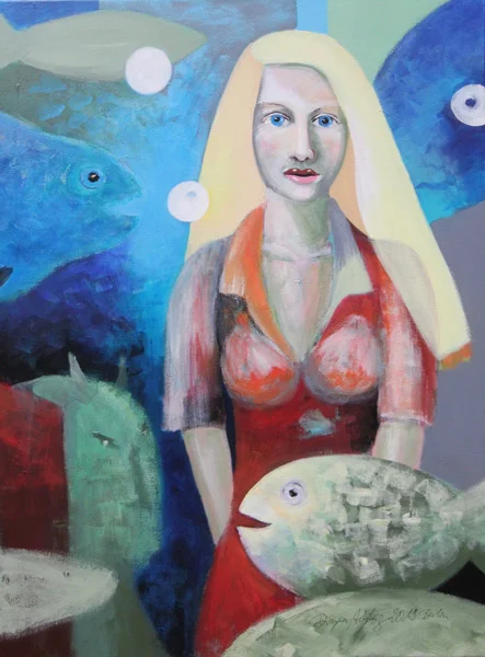 Mädchen mit Fischen und Teufel unter Wasser