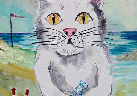 Kunst kaufen Tier Portrait Diana Achtzig: „Weißer Kater mit Fisch“, Ölbild auf Leinwand, 100 x 70 cm, Berlin, 1990, 2014 – 2021, 650 €