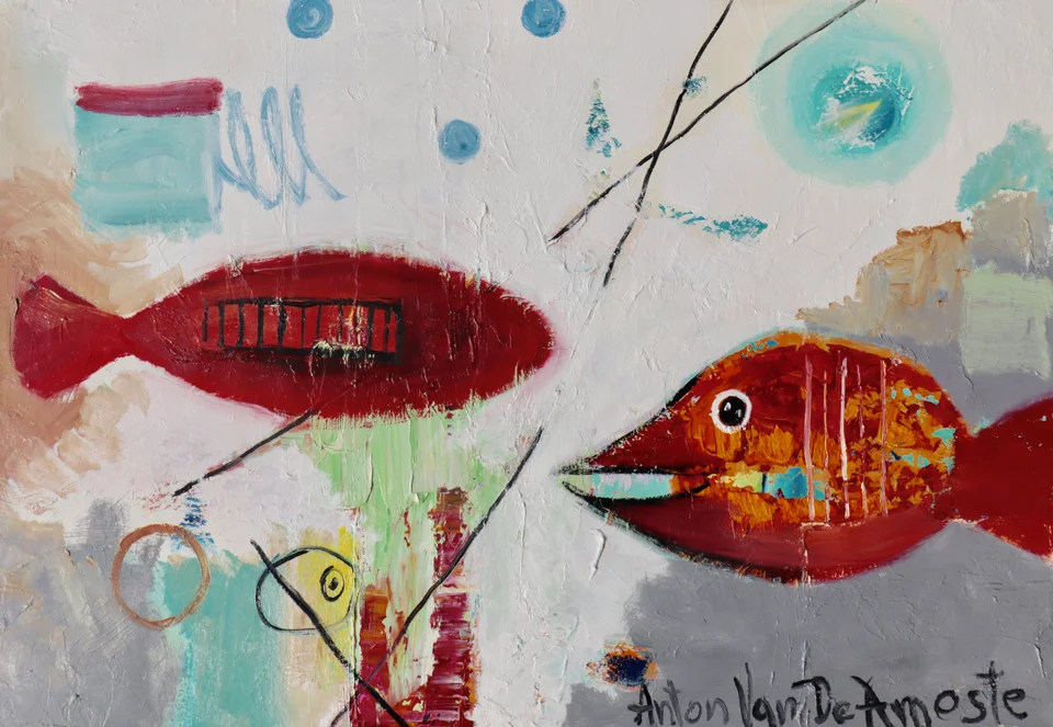 Kunst kaufen, Lagune Kingman Reef - zwei Rote Fische, Ölfarbe auf Leinwand, 70 x 100 cm, Berlin, 1.200 €.