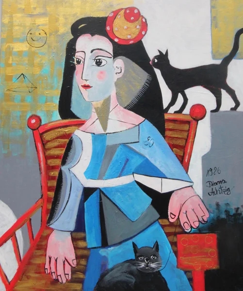 Mädchen in Blau mit 2 Katzen
