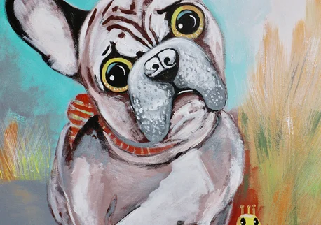 Kunst kaufen Tier Portrait Diana Achtzig: „Französische Bulldogge mit Gelber Ente“, Acrylfarbe auf Leinwand, 80 x 60 cm, Berlin, 2019 – 2021, 600 €