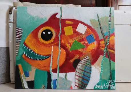 Kunst kaufen Tier Portrait Diana Achtzig: „Bauhausfisch“, Ölbild auf Leinwand, 80 x 80 cm, Berlin, 2021, 350 €.